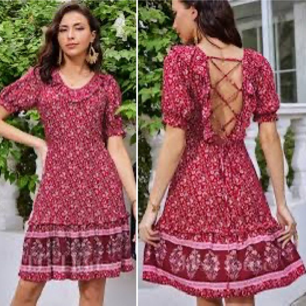 JJ’s House Short Sleeve Mini Dress Red Floral L